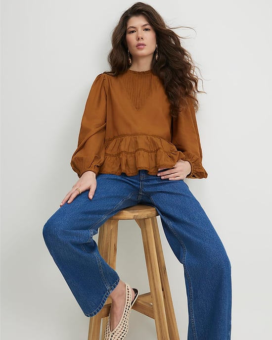 River Island Top de nido de abeja para mujer Marrón Manga larga Detalle de encaje - Image 2