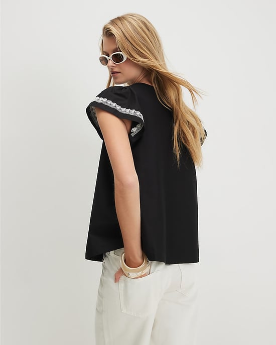 River Island Blusa de mujer negra de popelín con aplique y cuello redondo - Image 3