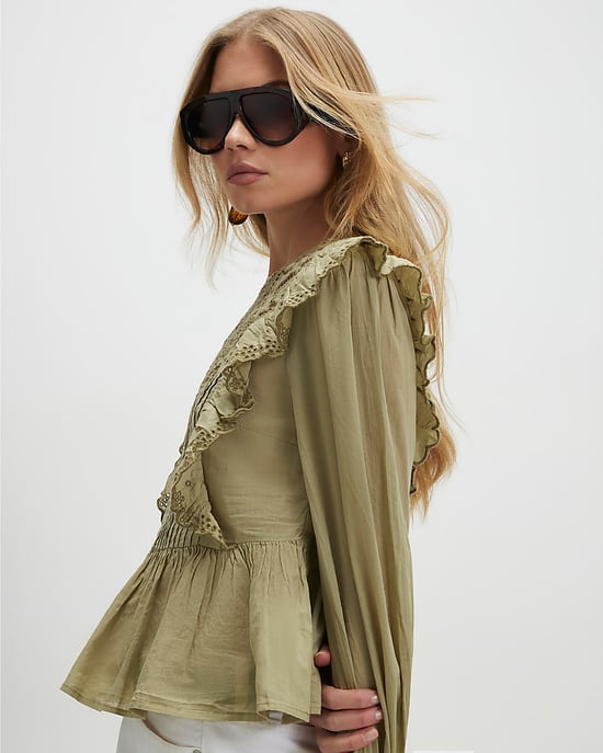 River Island Blusa de mujer caqui con calado, volantes y plisado - Image 2