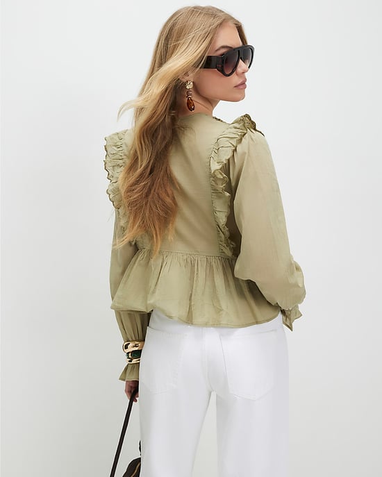 River Island Blusa de mujer caqui con calado, volantes y plisado - Image 3