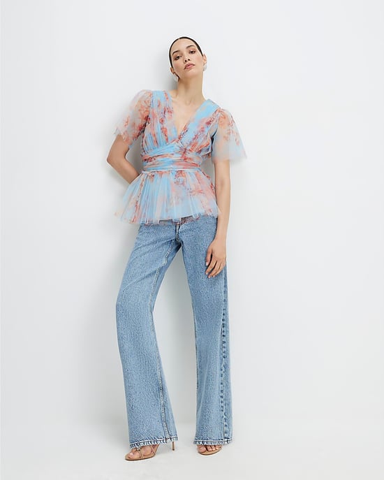 River Island Top de tul para mujer Azul Manga corta Cuello de pico - Image 2