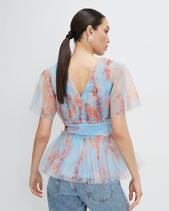 River Island Top de tul para mujer Azul Manga corta Cuello de pico - Image 3