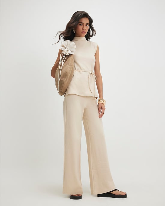 River Island Top de mujer Beige Mezcla de algodón Con cinturón de lazo Texturizado - Image 2
