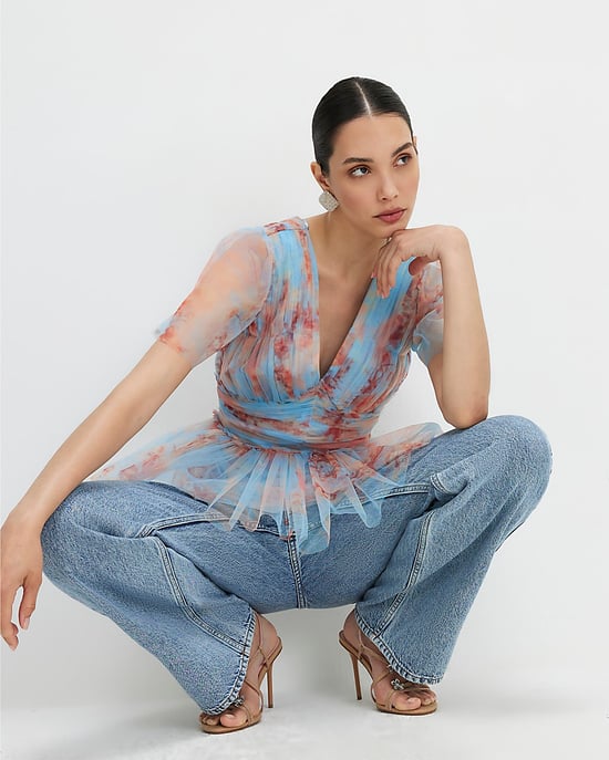 River Island Top de tul para mujer Azul Manga corta Cuello de pico - Image 4