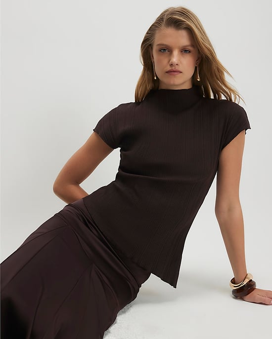 River Island Top de mujer Marrón Mezcla de algodón Canalé texturizado Cuello alto - Image 2