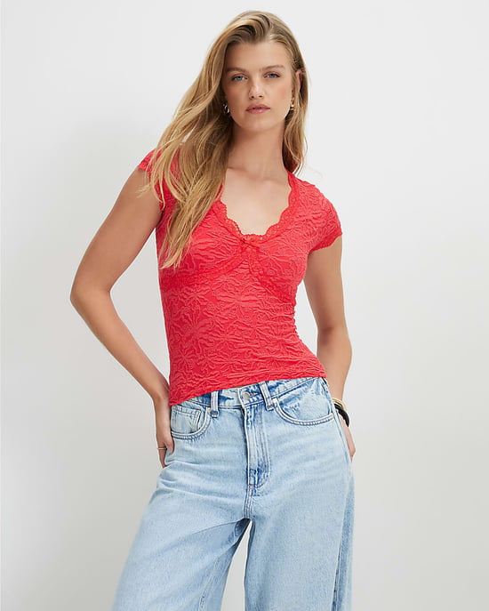 River Island Top de mujer rojo con manga corta y ribete de encaje texturizado - Image 1