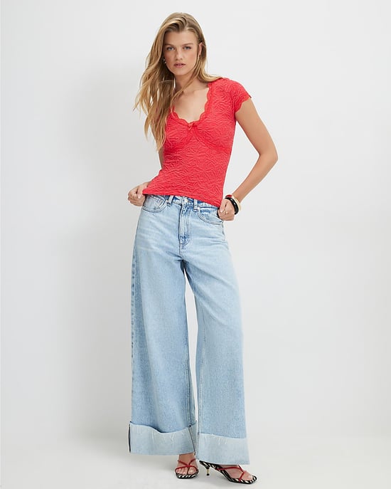 River Island Top de mujer rojo con manga corta y ribete de encaje texturizado - Image 4