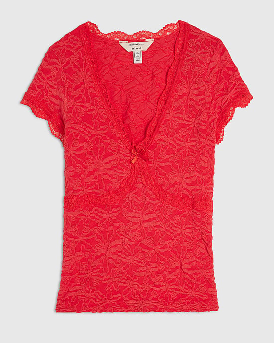 River Island Top de mujer rojo con manga corta y ribete de encaje texturizado - Image 6
