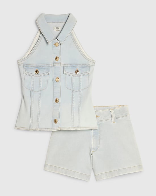 River Island Conjunto de chaleco y shorts para niña Blue Denim 2 piezas - Image 1