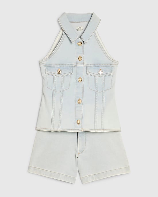 River Island Conjunto de chaleco y shorts para niña Blue Denim 2 piezas - Image 5