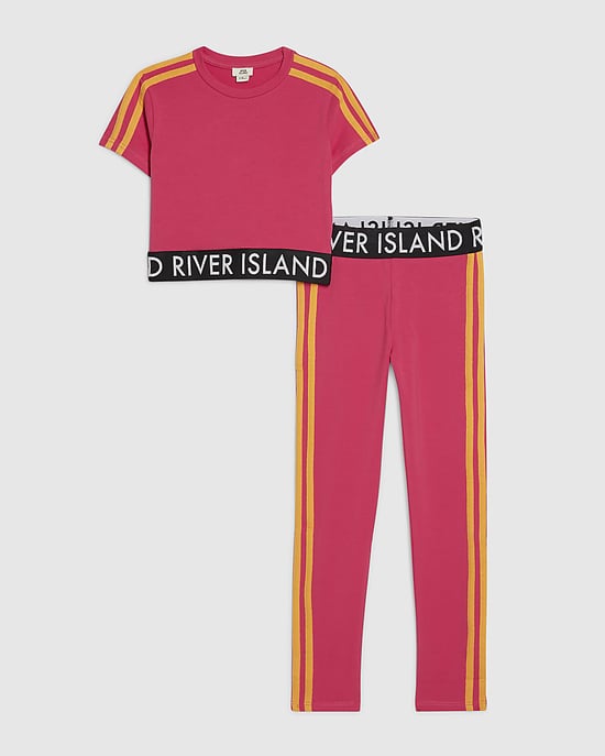River Island Conjunto de camiseta y leggings para niña Rosa RI con raya lateral 2 piezas - Image 1