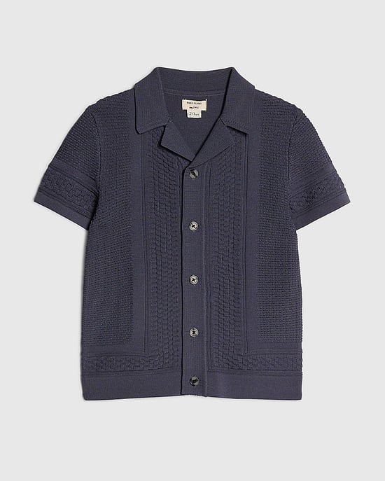 River Island Camisa de punto mini para niño con cuello y botones azul marino - Image 1