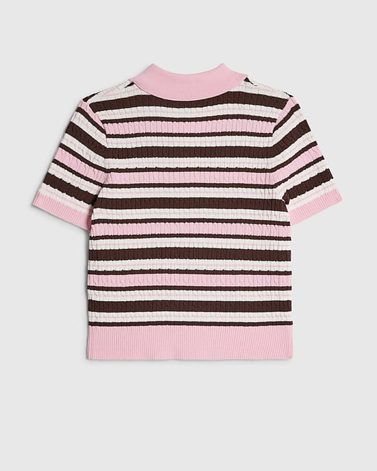River Island Polo de niña Rosa a rayas con cuello y punto de ochos - Image 4