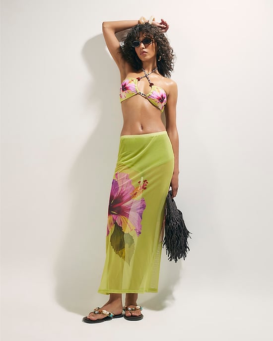 River Island Falda maxi de mujer verde con estampado de hibisco y cintura elástica - Image 1