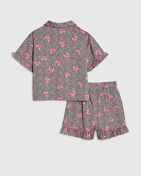 River Island Pijama de satén marrón para niña con estampado de lazos de leopardo - Image 2