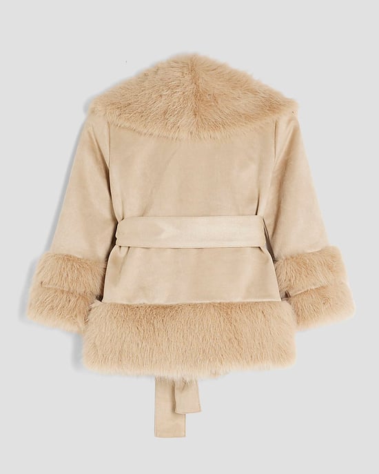 River Island Abrigo cruzado para niña Ante sintético crema Piel sintética Cinturón - Image 2