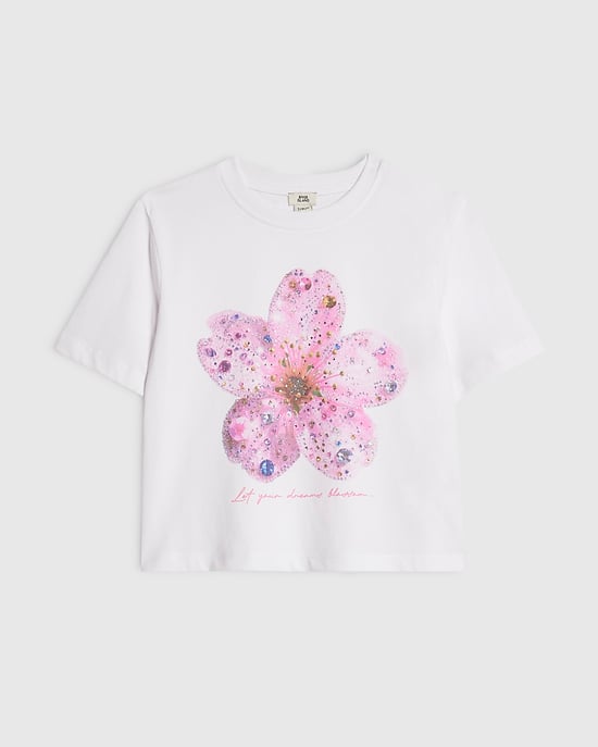 River Island Top corto para niña blanco con flores decorativas - Image 1