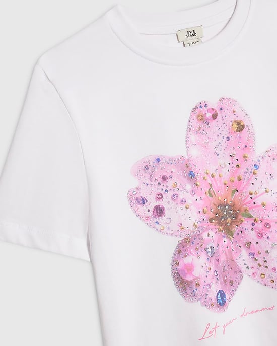 River Island Top corto para niña blanco con flores decorativas - Image 3