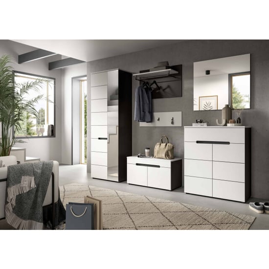 Furnilux Panel para recibidor, armario blanco con compartimento de almacenamiento y ganchos 80x73x27 cm - Image 2