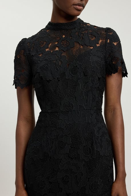 Vestido midi tejido de encaje de guipur con cuello alto y falda evasé - Image 2