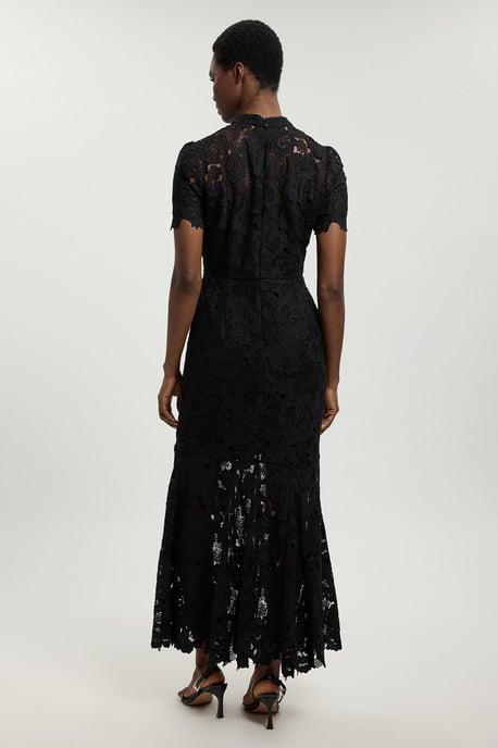 Vestido midi tejido de encaje de guipur con cuello alto y falda evasé - Image 3