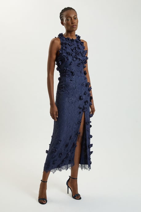 Vestido midi tejido de encaje con aplicaciones de pétalos - Image 1