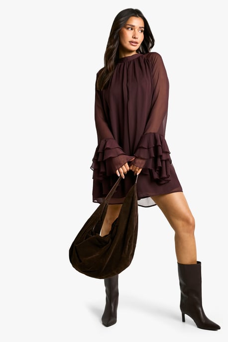 Boohoo Tall vestido de gasa con cuello alto, mangas voluminosas y diseño smock - Image 3