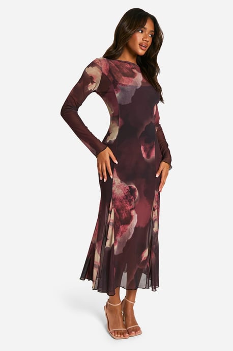 Boohoo Vestido midaxi de malla con estampado floral, escote con abertura y bajo godet - Image 3
