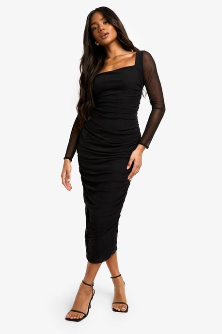 Vestido midaxi de malla fruncida con escote cuadrado - Image 3