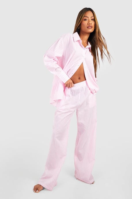 Camisa de pijama oversize de algodón con raya diplomática Boohoo - Image 3