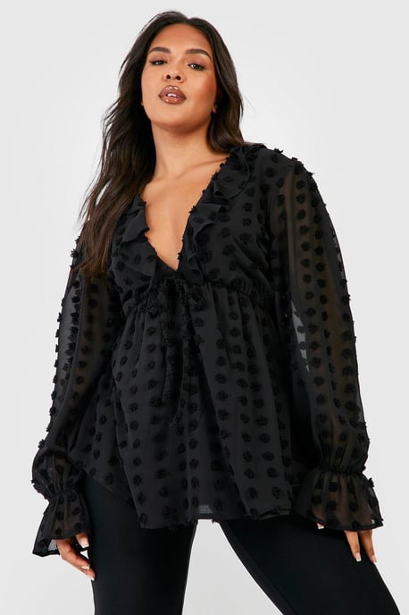 Boohoo Top amplio de gasa Dobby con volantes y fruncido - Image 3