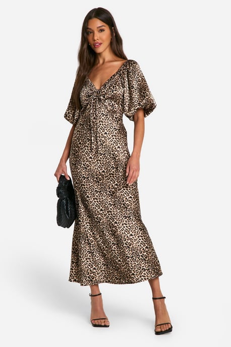 Vestido midi de leopardo con mangas abullonadas - Image 1