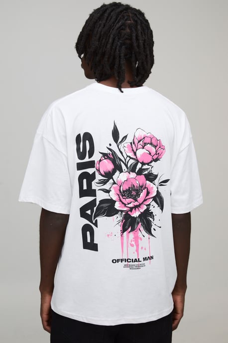 Camiseta blanca oversized con estampado floral de París - Image 1