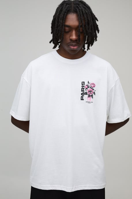 Camiseta blanca oversized con estampado floral de París - Image 3