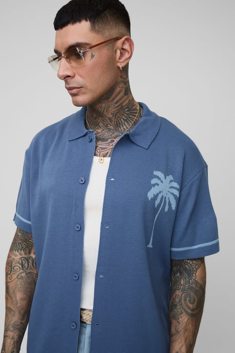 boohooMAN Tall Camisa de punto jacquard Relaxed Palm Scenic - Image 3