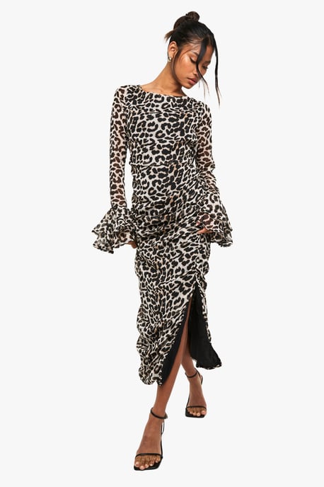 Vestido midaxi de gasa con volantes y estampado de leopardo - Image 1