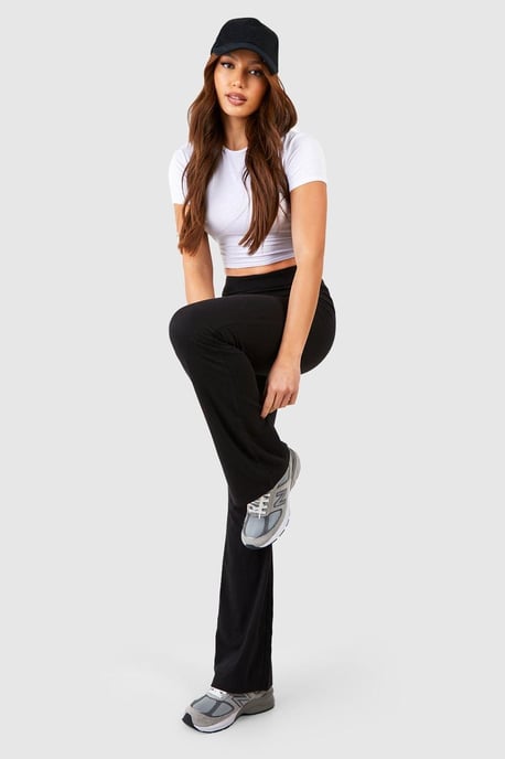 Tall pantalones de yoga acampanados de jersey de algodón con cintura doblada - Image 3