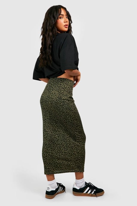 Falda midi de canalé con estampado de leopardo - Image 2