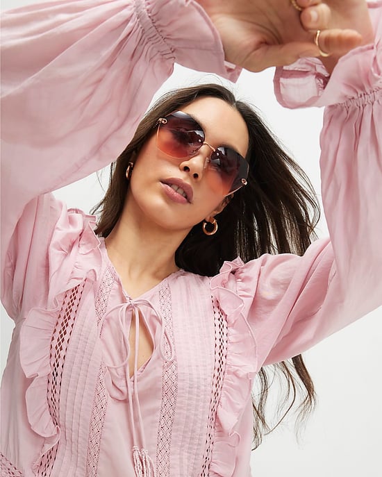 River Island Blusa de mujer Rosa Mezcla de algodón Encaje Inserción Lazo - Image 4