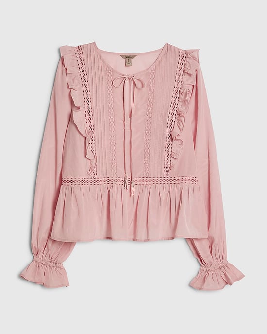 River Island Blusa de mujer Rosa Mezcla de algodón Encaje Inserción Lazo - Image 6