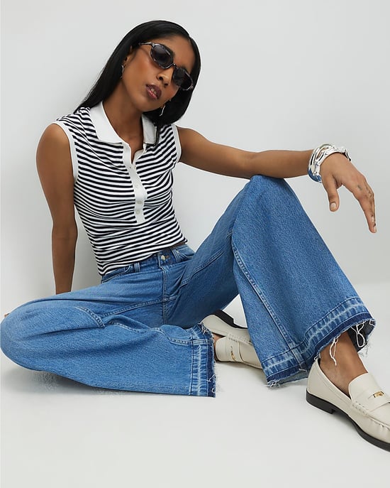 River Island Vaqueros de mujer de pierna ancha, azules, con dobladillo vuelto y cintura limpia - Image 2