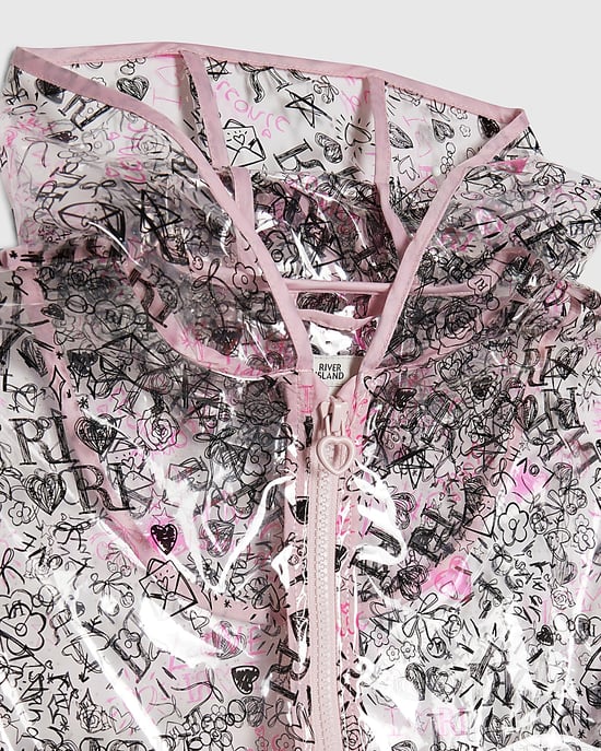 River Island chubasquero para niña negro con estampado de grafiti, capucha y cremallera - Image 2