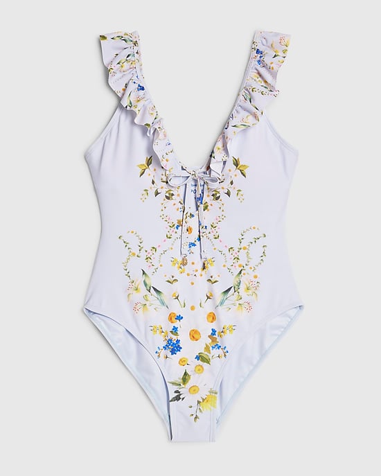 River Island Bañador de mujer azul con estampado floral, lazo delantero y adornos - Image 6