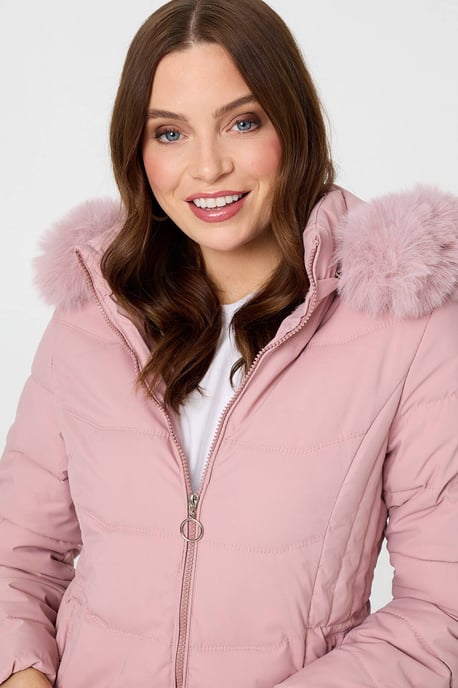 Chaqueta acolchada rosa con capucha, ribete de pelo sintético y cremallera - Image 4