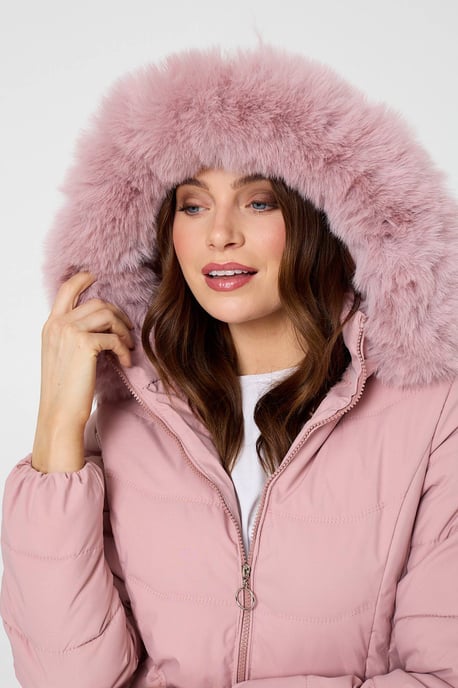 Chaqueta acolchada rosa con capucha, ribete de pelo sintético y cremallera - Image 6