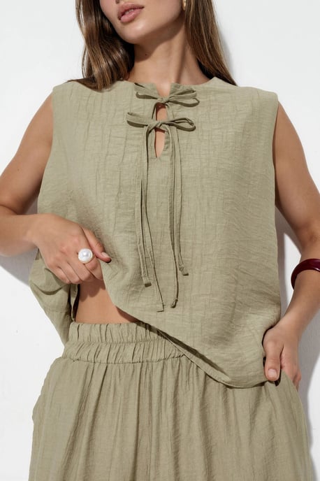 Conjunto de blusa de mezcla de viscosa con detalle de lazada y pantalón con cintura elástica - Image 4