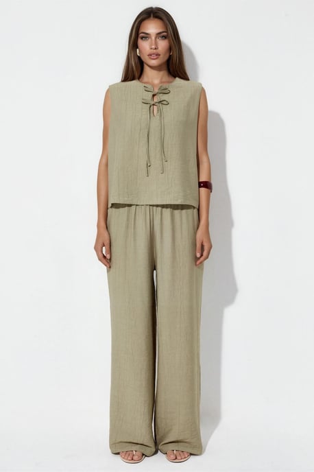 Conjunto de blusa de mezcla de viscosa con detalle de lazada y pantalón con cintura elástica - Image 5