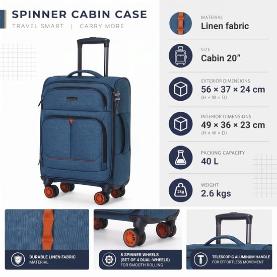 Maleta de cabina de lino azul Soft Shell 56x37x24cm con 8 ruedas - Image 2