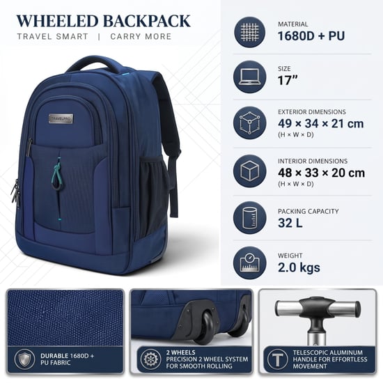 Mochila trolley azul para portátil de 17" 1680D + PU con 2 ruedas - Image 3