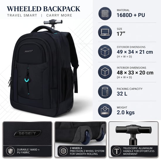 Mochila negra para portátil de 17" con ruedas 1680D + PU, trolley de 2 ruedas - Image 3
